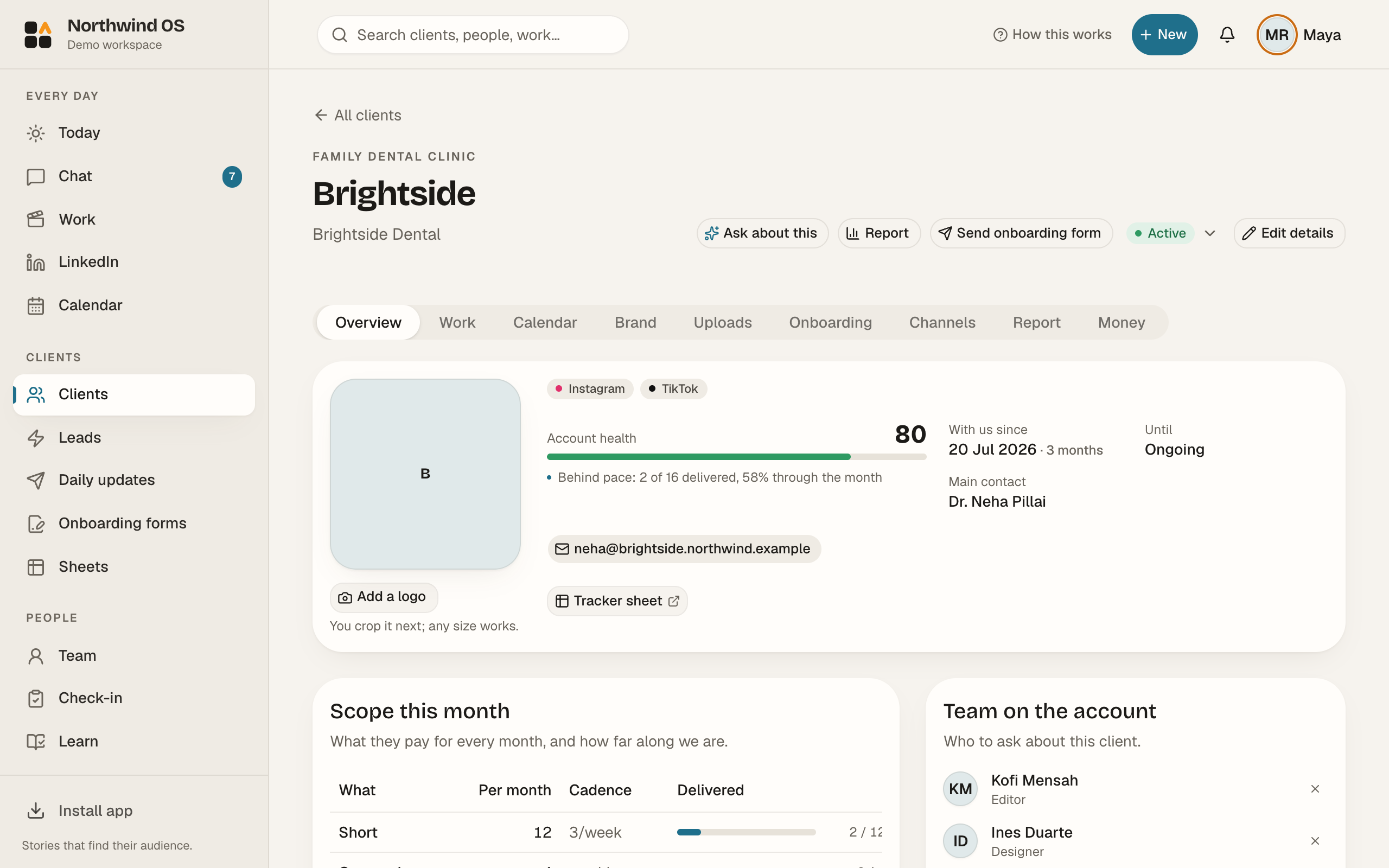 A client's space in Pinnakle OS with its overview, work, calendar, brand, uploads and report tabs