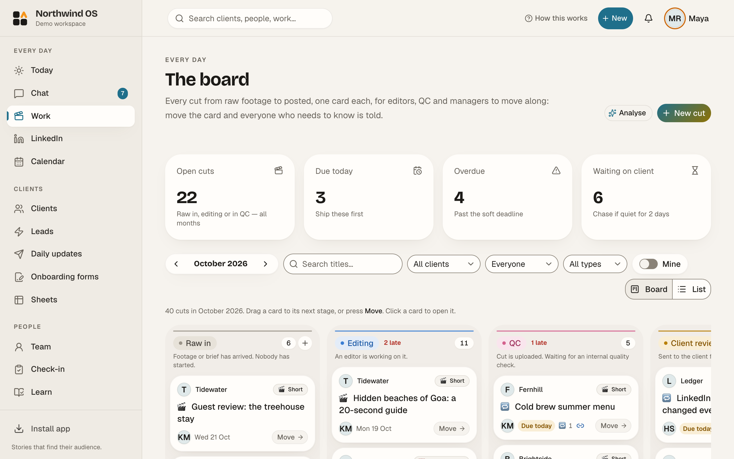 The Pinnakle OS work board with the columns Raw in, Editing, QC, Client review, Approved and Posted